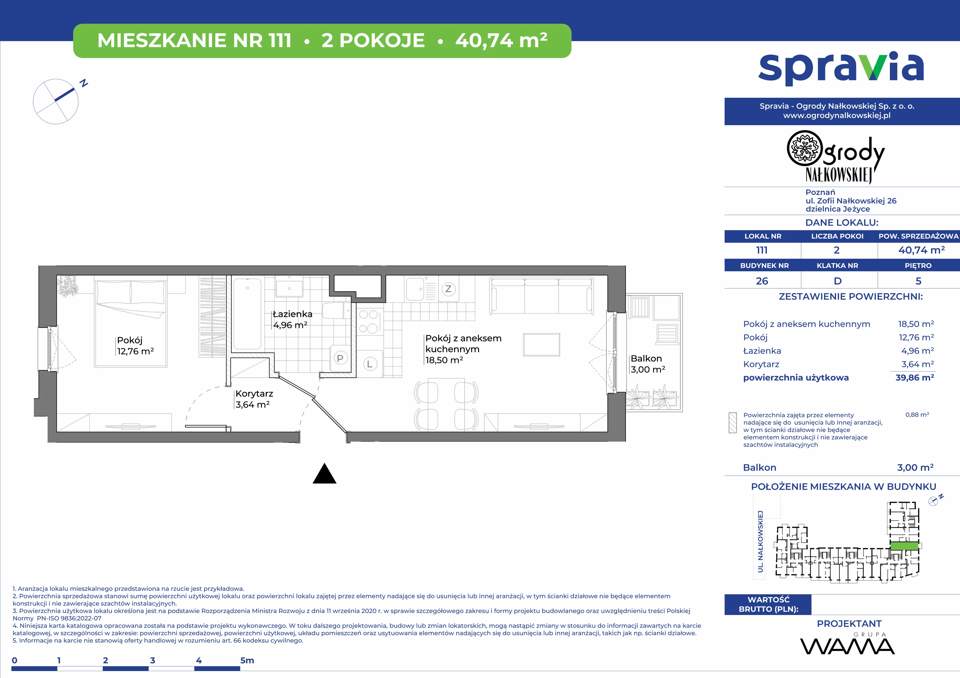 2 pokoje, mieszkanie 40,74 m², piętro 5, oferta nr 26-111, Ogrody Nałkowskiej, Poznań, Ogrody, ul. Nałkowskiej 24, 26